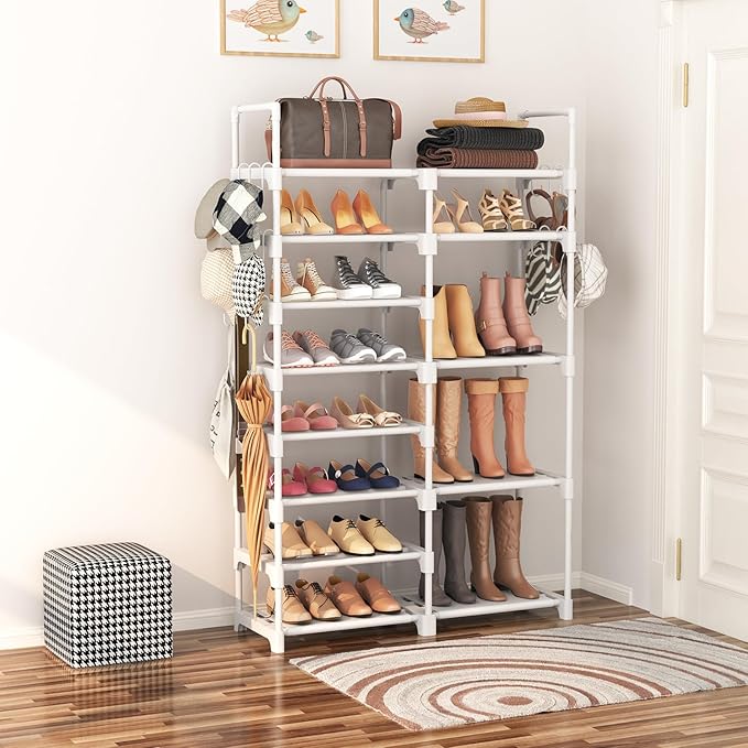 ROJASOP White Shoe Rack, Tall Metal Shoe Rack Organizer for Entryway Closet Garage, 8 Tier Large Shoe Shelf for 26-32 Pairs Boots & Shoes Storage, Space Saving Heavy Duty Shoe Stand