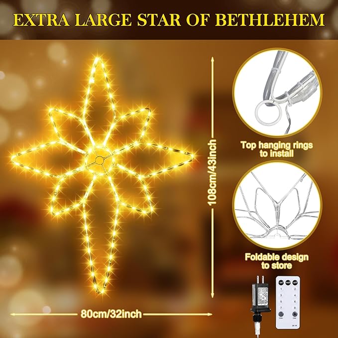 43"x32" Extra Large Christmas Bethlehem Star Shaped Lights Outdoor Window 125 LED Christmas Star Plug Operated Lights Nativity Holy with Timer and 8 Functions for Xmas Holiday Party Decor