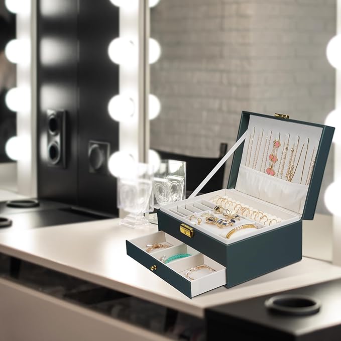 Jewelry Box for Women Girl Wife - Large PU Leather Jewelry Organizer Storage Case with Two Layers Display for Earrings Bracelets Rings Watches (Hunter Green)