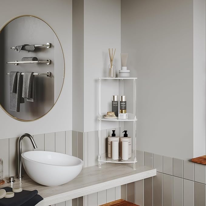 Aquiver Acrylic Standing Shower Caddy - Triangle Shower Organizer Stand - 3 Tier Corner Shower Caddy Shower Organizer Shelf for Inside Bathroom, Bathtub, 11.4'' D x 11.67'' W x 26.2'' H, Clear