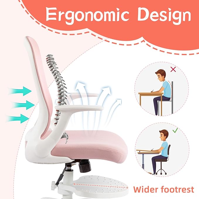 Kids Desk Chair Ergonomic Study Chair Swivel Mesh Desk Chair with Adjustable Arm Height Footrest Wheel Computer Home Office Chair for Children Boys Girls Students Bedroom School Age 5-13 Pink