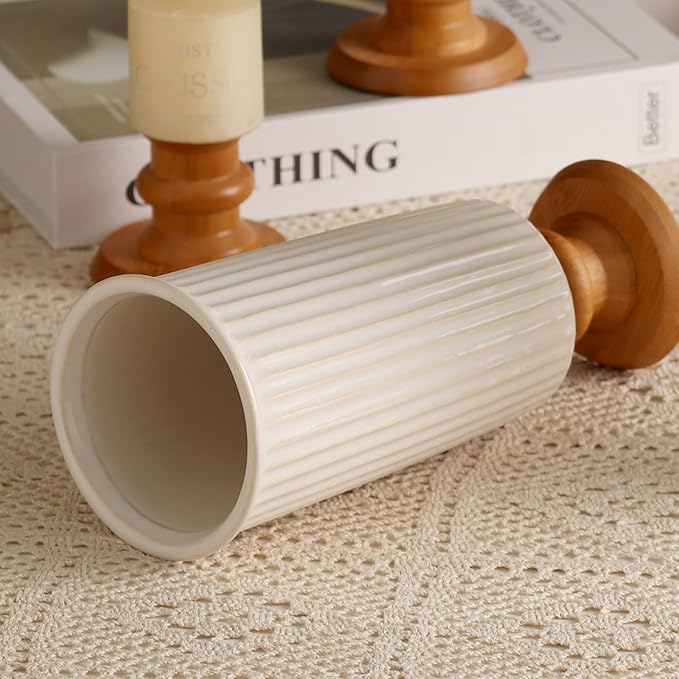 hjn White Cermaic Vase for Flowers Decor Vase with Wooden Base for Your Home Decor/Table/Kitchen/Office/Living Room-White (French Vertical Pattern)