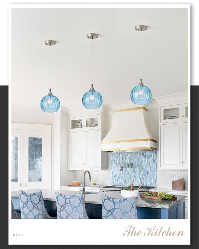 Brushed Nickel Pendant Lights Kitchen Island, Globe Pendant Light Fixtures with 8 Inch Clear Glass Shade, Modern Hanging Light Fixtures for Kitchen, Bedroom (1 Pack - Blue Glass Pendant Light)