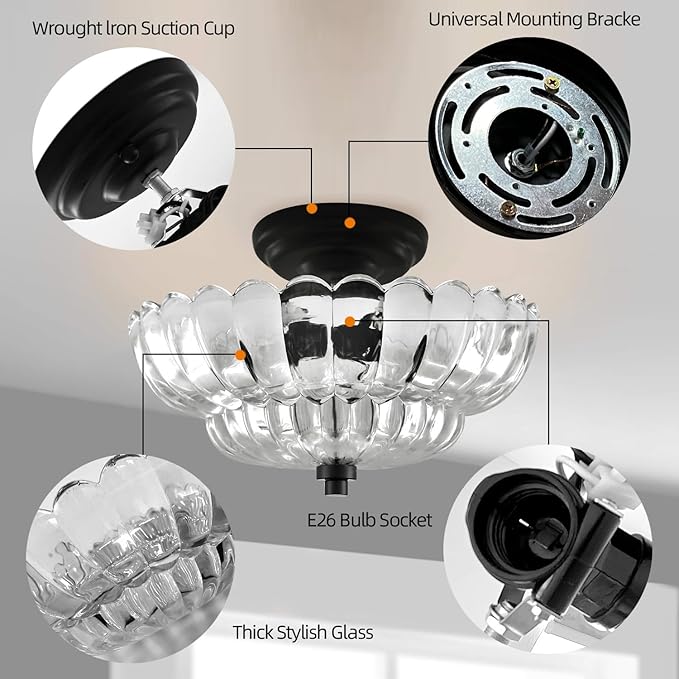 Ceiling Lights Semi Flush Mount Ceiling Light, Modern Black Ceiling Light with White Glass,Ceiling Lights Fixture Suitable for Bedroom Dining Room Kitchen Living Room(Excluding Free Bulbs)