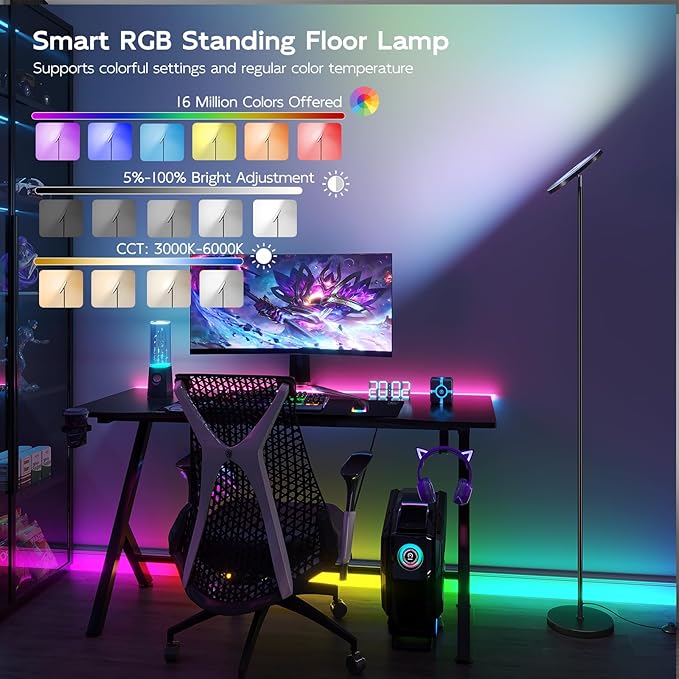 SUNMORY Smart RGB Floor Lamps for Living Room, 32W Bright LED Floor Lamp with APP and Remote Control, Tall Standing Lamp with Stepless Dimmable, Modern Torchiere Corner Lamp for Bedroom, Gaming Room
