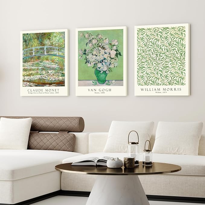 FASWQ Framed Monet Van Gogh William Morris Wall Art, Grass Botanical Wall Decor, Mid Century Impressionist Canvas Paintings, Modern Green Landscape Poster Print for Living Room Bedroom 16"x24"x3