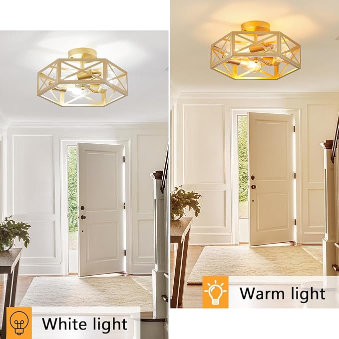 Flush Mount Ceiling Light, Gold Light Fixtures Ceiling Mount, 3 Light Modern Close to Ceiling Light Fixture with Metal Hexagon Cage Brass Lights for Kitchen, Hallway, Bathroom