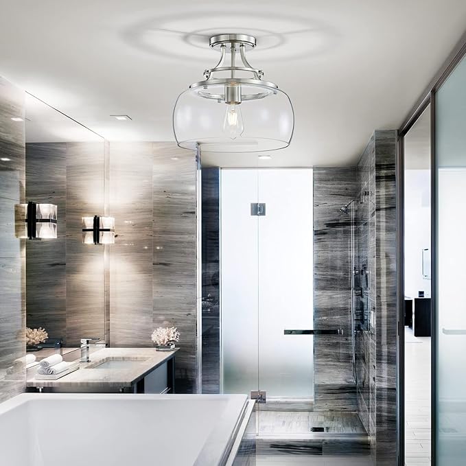 WUZUPS Chandelier Rustic Farmhouse Industrial Round Semi-flushmount Ceiling LED Light Fixture with Clear Glass Shades for Bathroom Kitchen Foyer Entryway, H 11.8" x W 13.4", E26 Base, Brushed Nickel