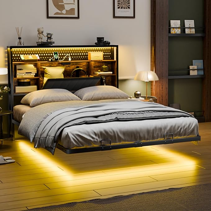 VINGLI Full Size Floating Bed Frame with Headboard, LED Lights & Charging Station, Cozy Velvet Upholstered Headboard, Hidden Storage, Heavy Duty Metal Frame, No Box Spring Needed, Easy Assembly, Black