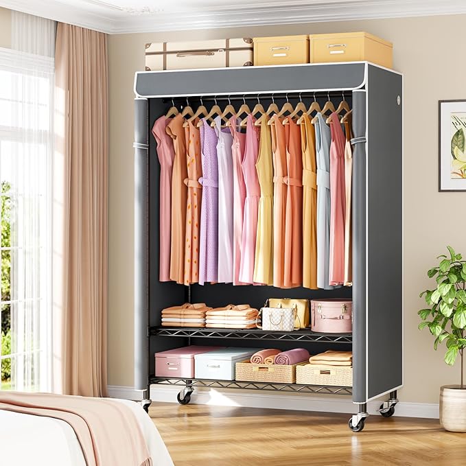 P6C Plus Rolling Clothes Rack with Cover, Covered Clothing Rack Heavy Duty, Portable Closet for Hanging Clothes, Garment Rack on Wheels, Black Closet Rack with Gray Cover, Max Load 375LBS
