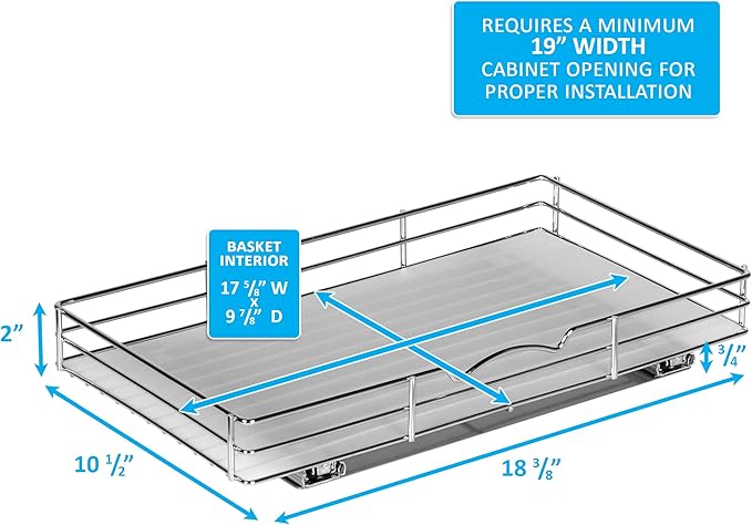 Pull Out Cabinet Organizer for Spices, Cans - Heavy Duty with Lifetime Limited Warranty- Pull Out Spice Rack- Cabinet Pull Out Shelf for Cans,Dishes, Etc, 18-3/8"Wx 10-1/2"D x 2-3/4” H, Chrome