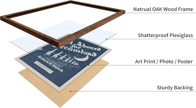 Poster Master All Aboard For Dreamland Poster - Retro Children's Lullaby Print - Story Book Art - Bunny Art - Rabbit Art - Aesthetic Art - Kid's Bedroom or Nursery Wall Decor, 16x20 Brown Framed