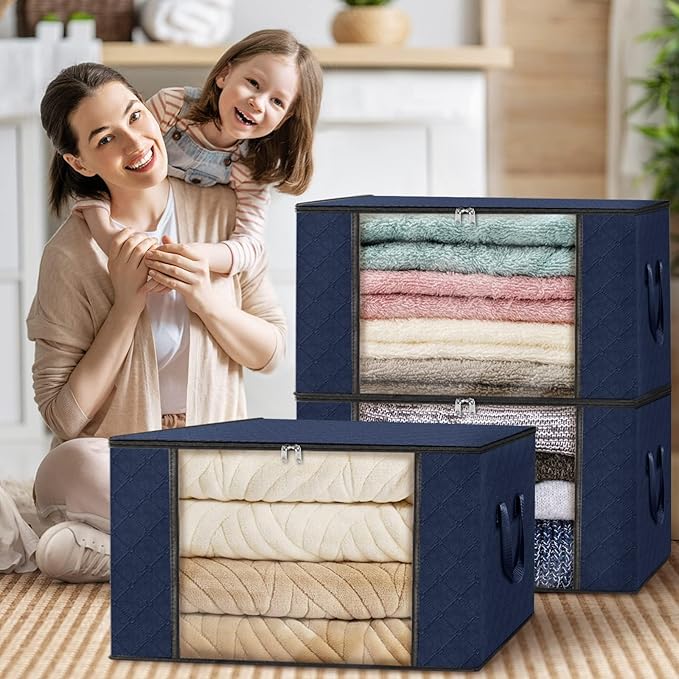 Fab totes 3 Pack Clothes Storage, Foldable Thick Fabric Blanket Storage Bags, Containers for Organizing Bedroom, Closet, Clothing, Comforter,Closet Organization with Handle,Blue