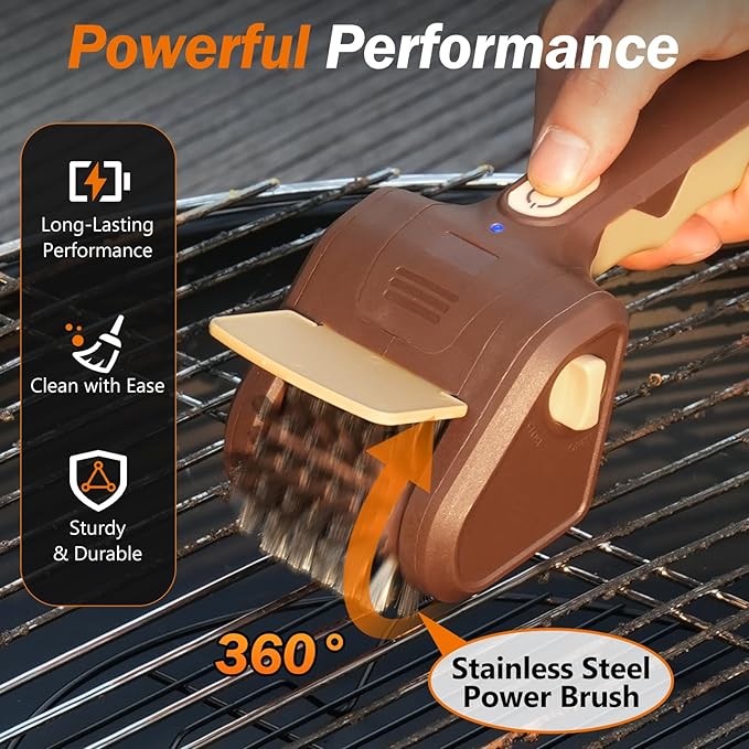 Grill Brush for Outdoor Grill, Cordless Electric BBQ Grill Cleaner with 700 RPM Stainless Steel Brush, Rechargeable Grill Cleaning Brush, Brown