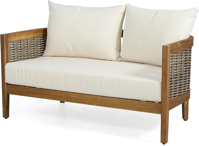 Merax 4-Piece Outdoor Acacia Wood Wicker Conversation Set with Loveseat,Club Chairs and Coffetable for Backyard Garden