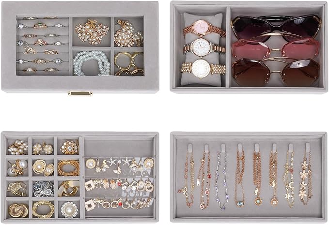 Homde Jewelry Tray Stackable Jewelry Box Drawer Organizer with Glass Lid, Removable Dividers for Vanity Table Gift Idea for Girls and Women (Gray)