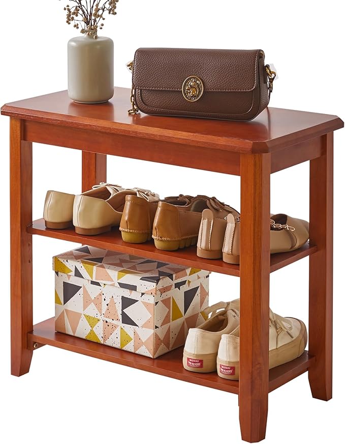 Shoe Bench, 3-Tier Wood Heavy Duty Shoe Organizer Shelf for Entryway, Living Room Brown YD-WD05H
