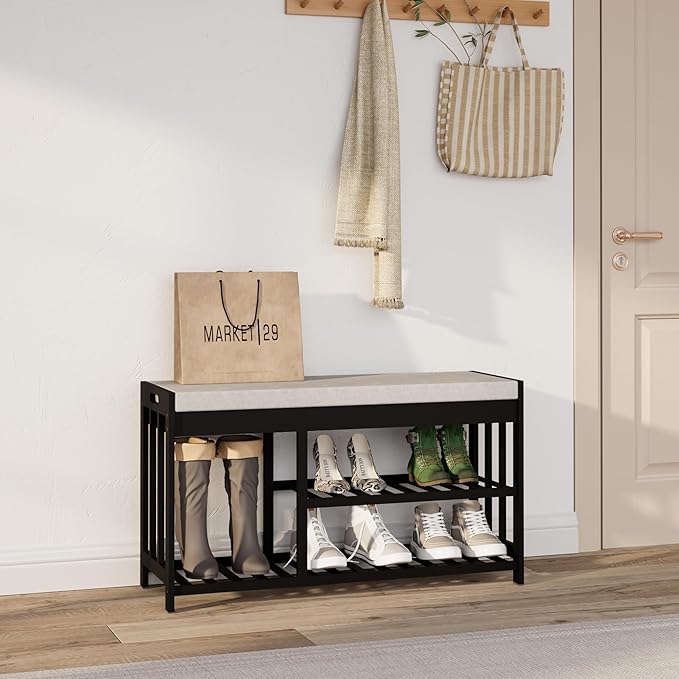 3-Tier Bamboo Shoe Rack Bench, Shoe Storage Organizer Bench, Entryway Benchs, Shoes Rack for Front Door Entrance, Entryway Bathroom Bedroom