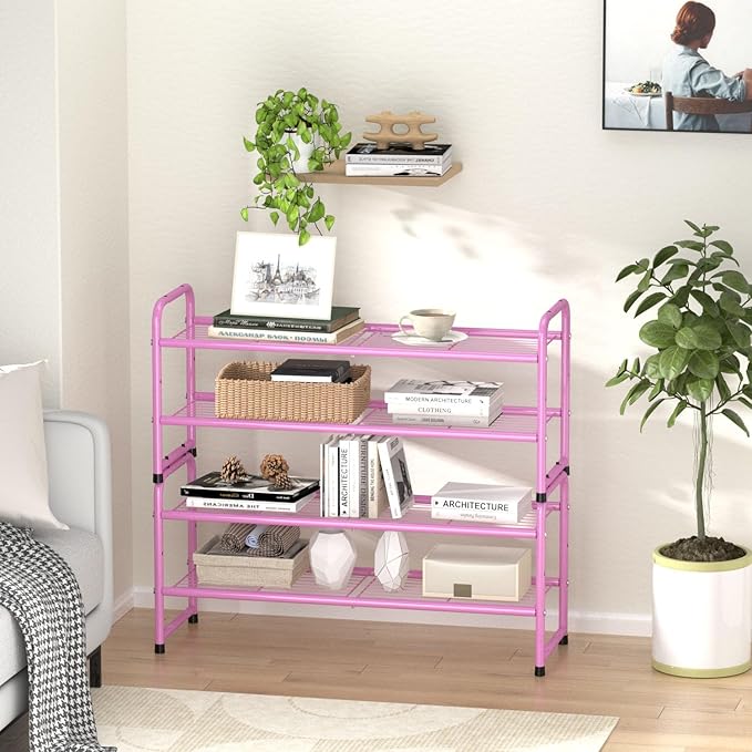 SUFAUY 2-Tier 33" Wide Shoes Rack Shelf for Closet Metal Stackable Shoe Storage Organizer, Wire Grid, Pink