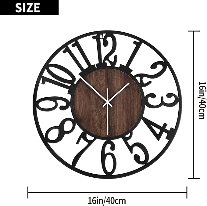 LEIKE Large Wall Clocks,Silent,Non Ticking,Battery Operated Rustic Round Modern Big Wood Wall Clock for Living Room, Bedroom,Kitchen,Farmhouse,Office,Home Decor-16 Inch(Black-Arabic Number)