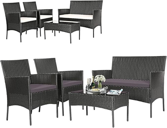 Tangkula 4 Pieces Patio Furniture Set, Outdoor Wicker Conversation Set with Tempered Glass Tabletop, Rattan Sofa and Chairs Set with Off White & Grey Cushion Covers