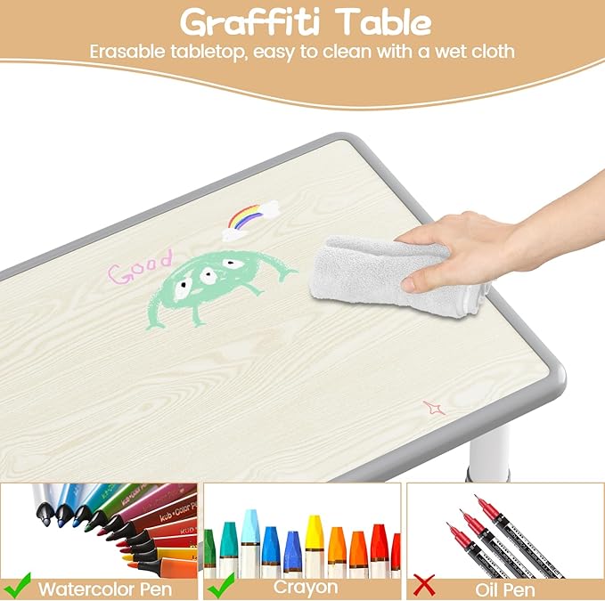Kids Table and Chair Set, Height Adjustable Toddler Table and 4 Chairs Set for Ages 2-10, Graffiti Desktop, Non-Slip Legs, Arts & Crafts Table, Children Activity Table for Daycare Classroom Home
