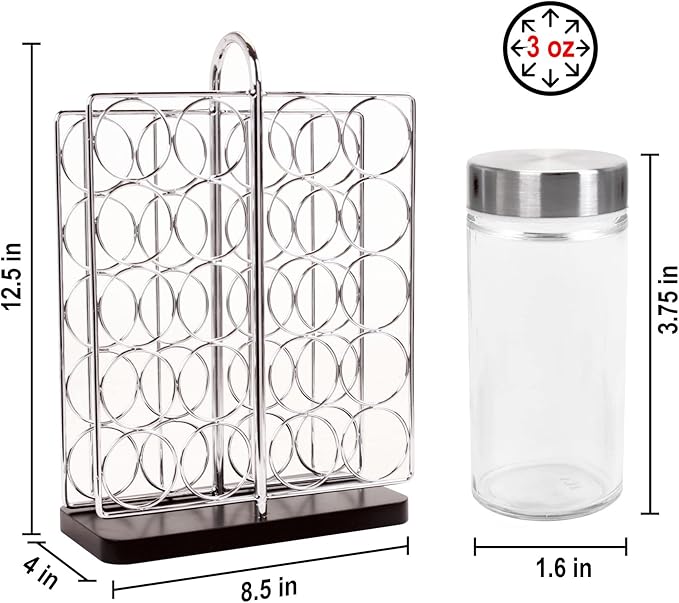 Orii 20 Jar Chrome Wire Spice Rack with Bamboo Base | Includes SS Funnel | 160 Preprinted + 20 Blank Spice Labels Included | Compact and Minimalistic Kitchen Pantry Spice Organizer Rack