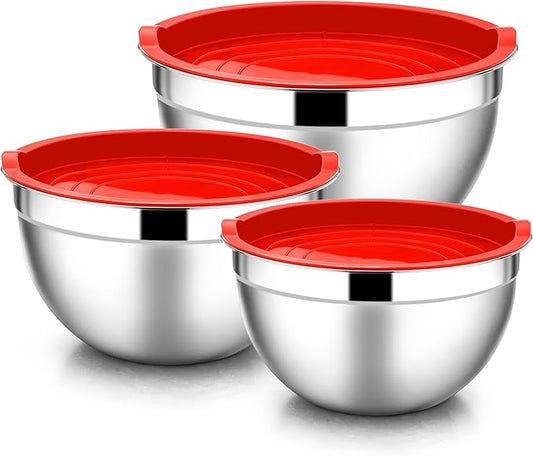 E-far Mixing Bowls with Lids, 6-Piece Stainless Steel Salad Bowls Metal Nesting Bowls for Baking Cooking and Prepping, Airtight Lids & Stackable Design, Size 4.5, 3, 1.5 QT (Red)