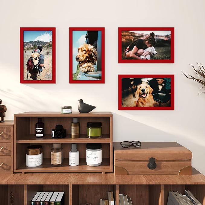 KINLINK 8.5x14 Picture Frames Red, Solid Wood Frames with Acrylic Plexiglass for 8.5x14 without Mat, Tabletop and Wall Display Photo Frame, 4 Pack
