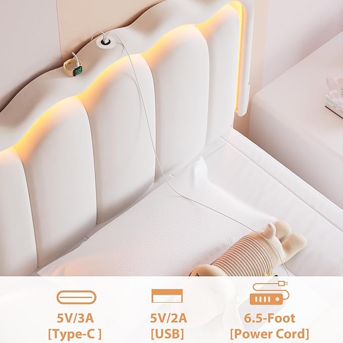 Twin Upholstered LED Bed Frame with Storage Drawer and Adjustable Chic Double Wavy Headboard, Velvet Princess Platform Bed for Kids/Girls, Solid Wood Slats Support, No Box Spring Needed, Beige