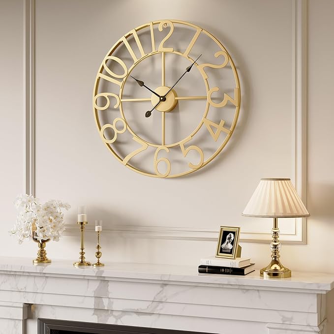 Large Wall Clock 24 Inch Gold, Decorative Wall Clocks Battery-Operated, Modern Metal Round Clock Silent Non Ticking Arabic Numerals for Living Room Kitchen Mantel Bedroom Office Decor