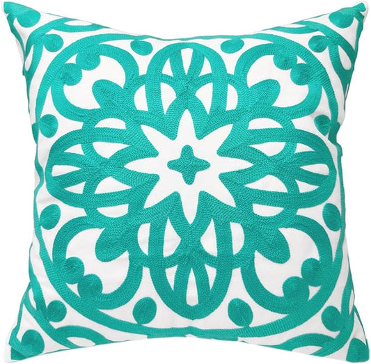 Alysheer Embroidered Decorative Throw Pillow Cover 18" x 18", Classic Modern Stylish Mandala Turquoise Embroidery Patterned Cotton Aqua Green Cushion Case for Sofa Couch Bed Living Room Decor
