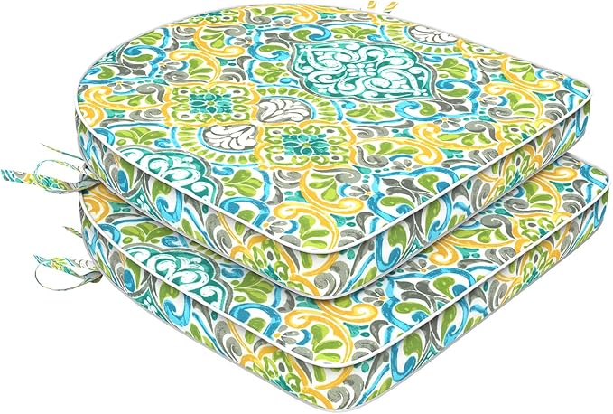 Set of 2 Outdoor Chair Cushions 19"x19"x2",Water Repellent Dining Seat Cushion with Ties and Removable Covers, Chair Cushions for Indoor and Patio Furniture, Damask Green