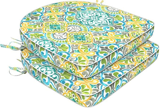 Set of 2 Outdoor Chair Cushions 19"x19"x2",Water Repellent Dining Seat Cushion with Ties and Removable Covers, Chair Cushions for Indoor and Patio Furniture, Damask Green