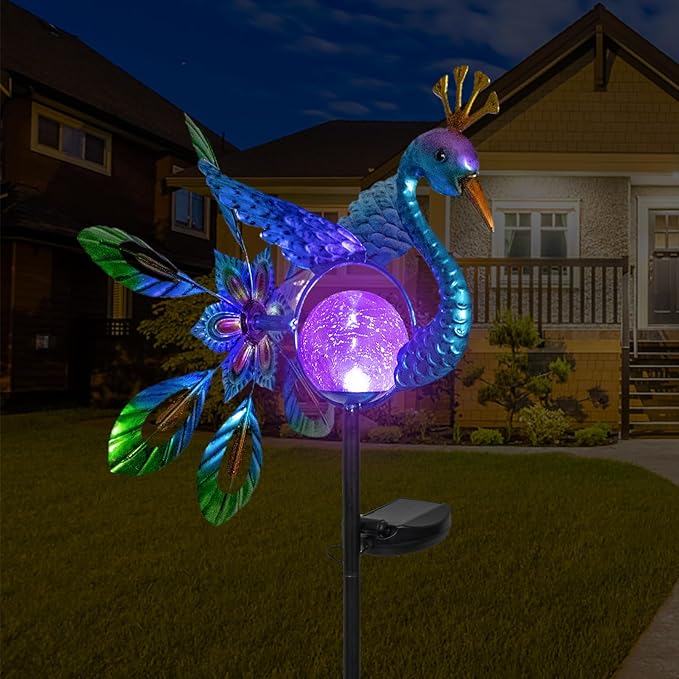 Peacock Solar Light Wind Spinner Outdoor Garden Decoration, Waterproof Garden Stake LED with Cracked Glass Ball, Gift for Mom, Father's Day Gift, Lawn Ornaments for Pathway, Patio, Yard Decor Outdoor