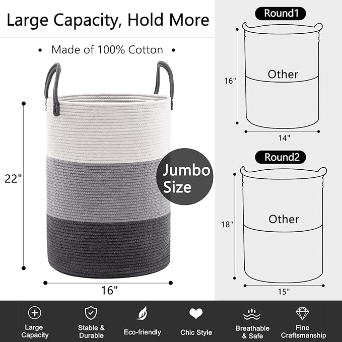 Woven Rope Laundry Hamper Basket by YOUDENOVA, 72L Tall Laundry Basket, Baby Nursery Hamper for Blanket Storage in Bedroom-Large-Dark Grey