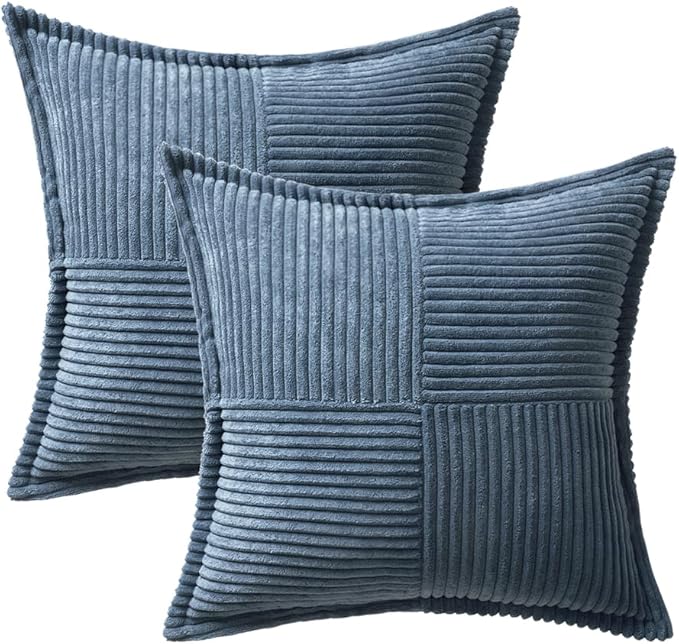 MIULEE Decorative Euro Sham Throw Pillow Covers for Couch Bed Livingroom 26x26 Inch Set of 2 Blue Boho Accent Throw Pllows Broadside Striped Patchwork Soft Corduroy Summer Coastal Pillowcases