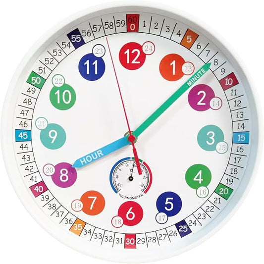 Wall Clocks,10Inch Learning Time Clock, Colorful Clock Face Silent Clocks with Simple Thermometer,Clear Digital Wall Clock (White)