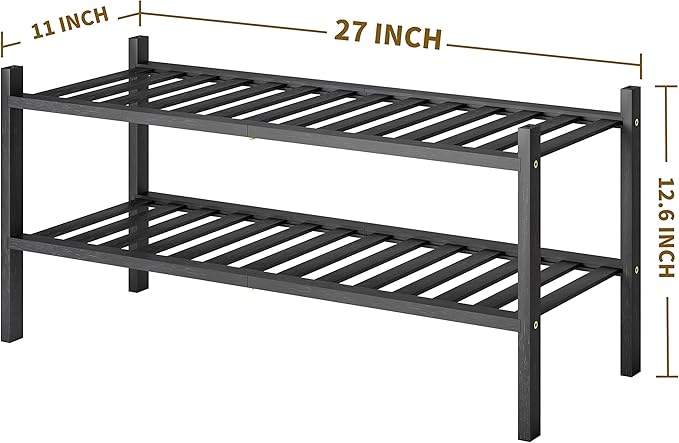 Shoe Rack, 2-Tier Bamboo Stackable Shoe Shelf Storage Organizer, Shoe Stand for Closet, Entryway and Hallway