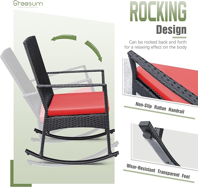 Greesum 3 Pieces Patio Furniture Set Outdoor Wicker Rocking Chairs with Glass Coffee Table for Garden Backyard Porch Poolside, Red