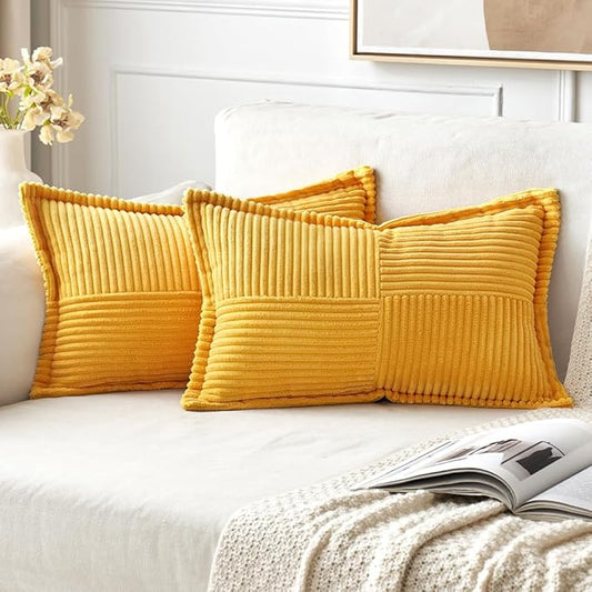MIULEE Golden Yellow Corduroy Lumbar Pillow Covers 12x20 Inch 12x20 Inch with Splicing Set of 2 Soft Boho Pillow Covers Broadside Decorative Textured Summer Pillowcases for Couch Bed Livingroom