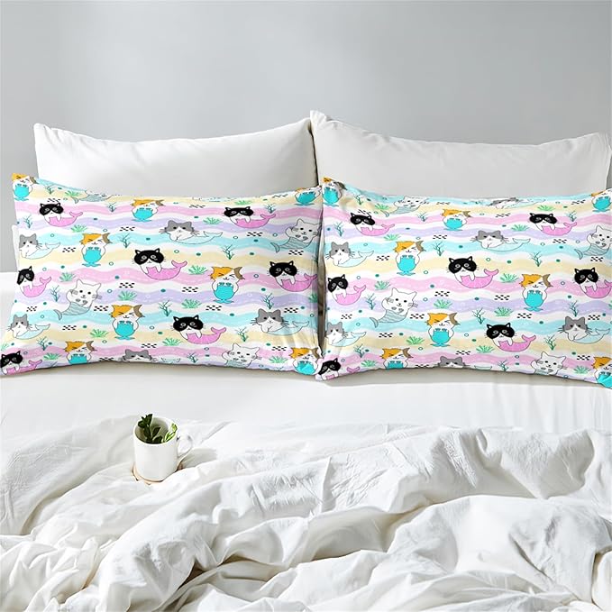 Girls Cat Bedding Set - Queen Size, 3Pcs Cute Cartoon Mermaid Tail Cat Patterns Comforter Set for Girls Boys Kids Bedroom Decor, 1 Comforter 2 Pillow Cases