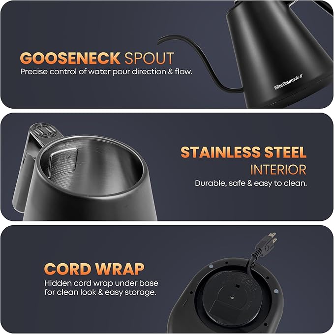 Elite Gourmet EKT3001 1L Digital Water Kettle, 304 Stainless Steel Interior, Programmed Temperatures, Keep Warm Function, Cordless, 360° Base, Auto Off & Audible Indicator, Matte Black