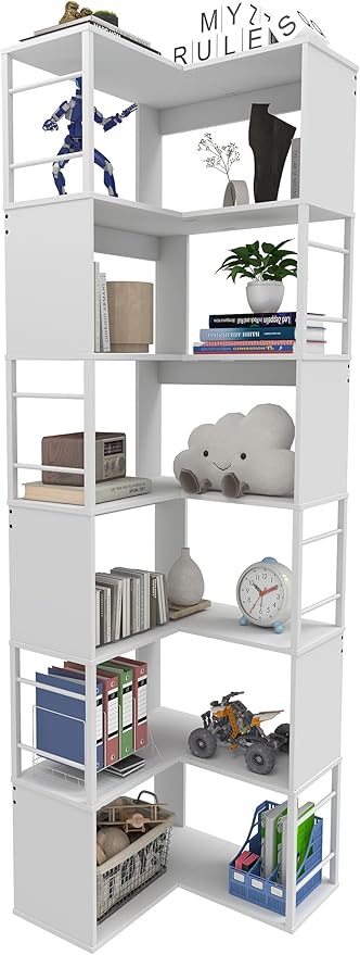 7 Tier Corner Bookshelf 74 Inches Tall Corner Bookcase Industrial L Shaped Book Shelf with Metal Frame Display Rack Storage Organize for Home Office,Living Room,Bed Room (White)