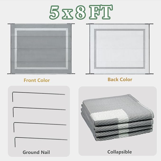 Ogrmar 5x8 FT Reversible Mats, Outdoor Rug for Patio Clearance, Waterproof Carpet, Plastic Straw Rug for Indoor Outdoor, Floor Mat&Rug for RV Porch Camping Backyard Deck Balcony Beach Trailer (Gray)