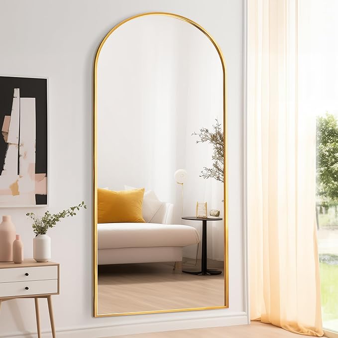 Floor Length Mirror, 76"x34" Arch Full Length Mirror Hanging or Leaning, Body Mirrors with Stand, Arched-Top Wall Mounted Mirrors with Aluminum Frame for Bedroom (Gold)