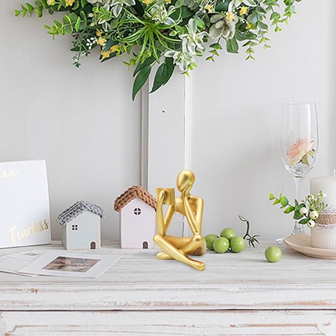 Bookshelf Decor, Golden Reading Thinker Sculpture Figurine, Coffee Table Decor, Entry Way Table Home Decor, Decorative Statue for Living Room, Office, Bedroom, Gift