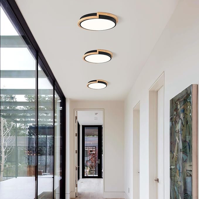 Dimmable Wood LED Flush Mount Ceiling Lights, 5CCT 2700K-6000K Black Hallway Lighting Fixtures, Minimalist Circular Ceiling Lamp for Bedroom Laundry Room Kitchen Entryway
