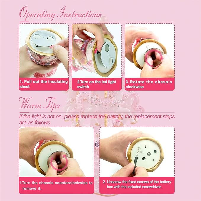 Carousel Music Box，Luxury Color Change LED Light Music Box,Luminous Rotating 3-Horse Musical Box with Gift Box for Girls Birthday Valentine Gift (You are My Sunshine, Pink)