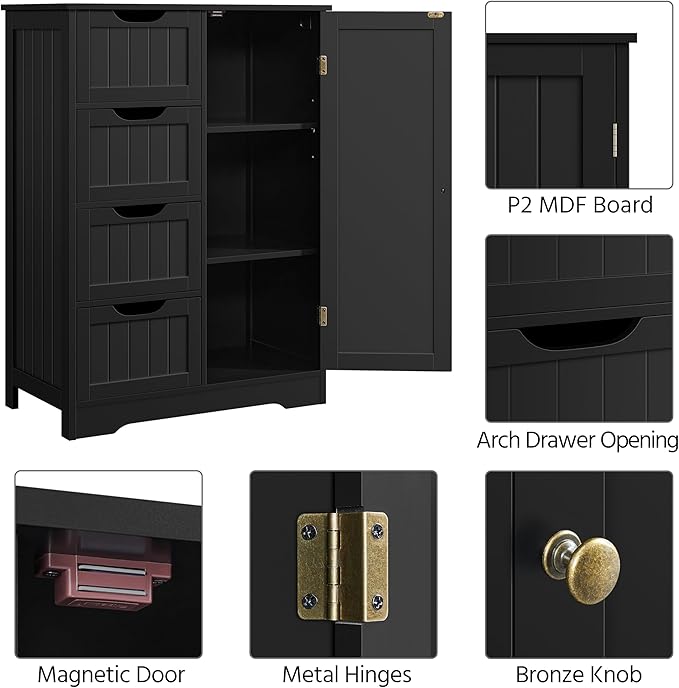Yaheetech Wooden Storage Cabinet, Bathroom Storage Organizer with 4 Drawers & 1 Cupboard, Freestanding Cabinet Table for Bathroom, Entrance Area, Kitchen, Black
